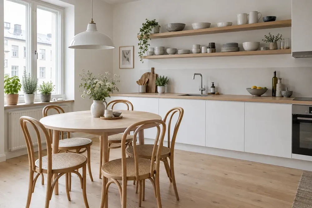 Scandinavische keuken met witte deurtjes, eiken planken en een ronde eettafel met gebogen stoelen