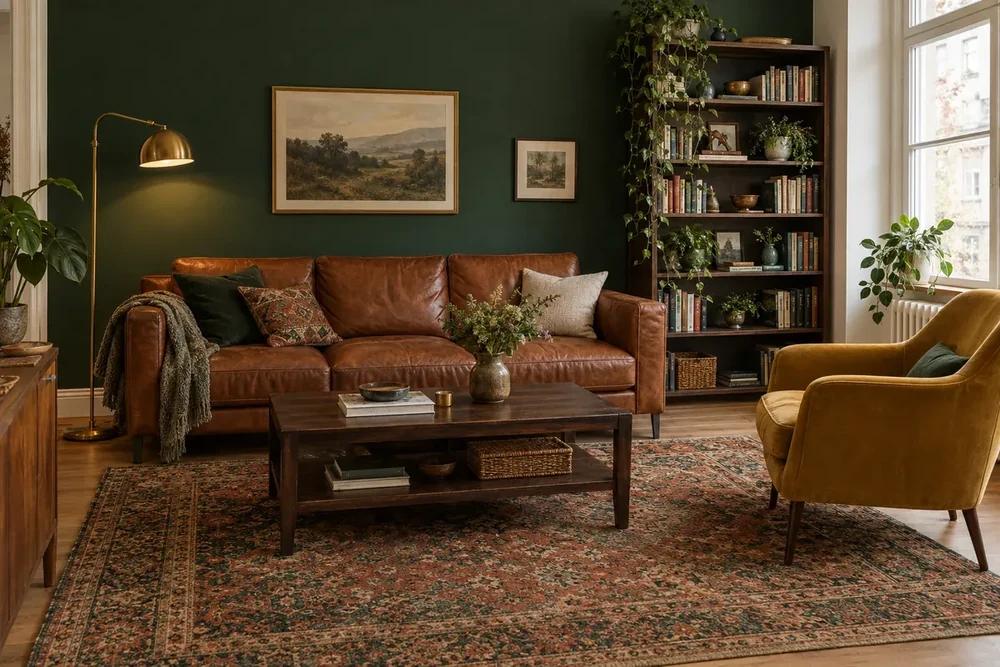 Woonkamer met een donkere muur in bosgroen, een cognackleurige leren bank en een okergele fauteuil