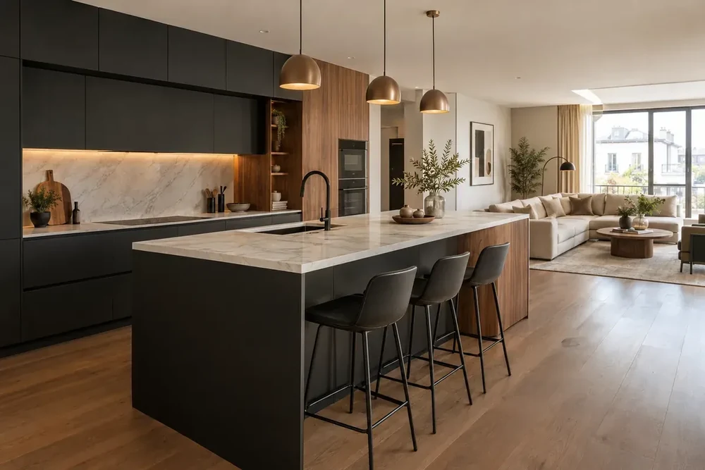 Donkere matte keuken met een groot kookeiland, barkrukken en uitzicht op de woonkamer