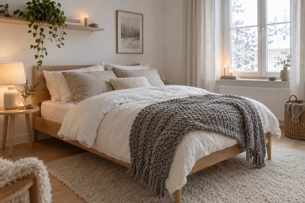 Scandinavische slaapkamer met een eiken bed, linnen beddengoed, een grijze gebreide sprei en kaarsen