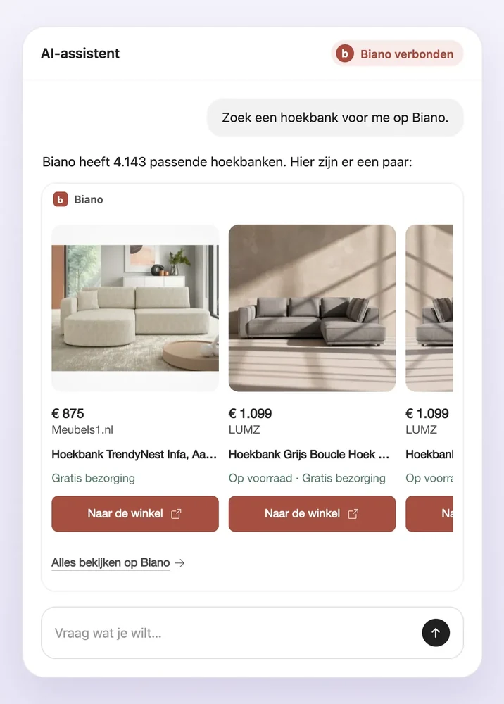 Biano in de AI-assistent: productkaarten van hoekbanken met prijs, winkel en knop naar de winkel