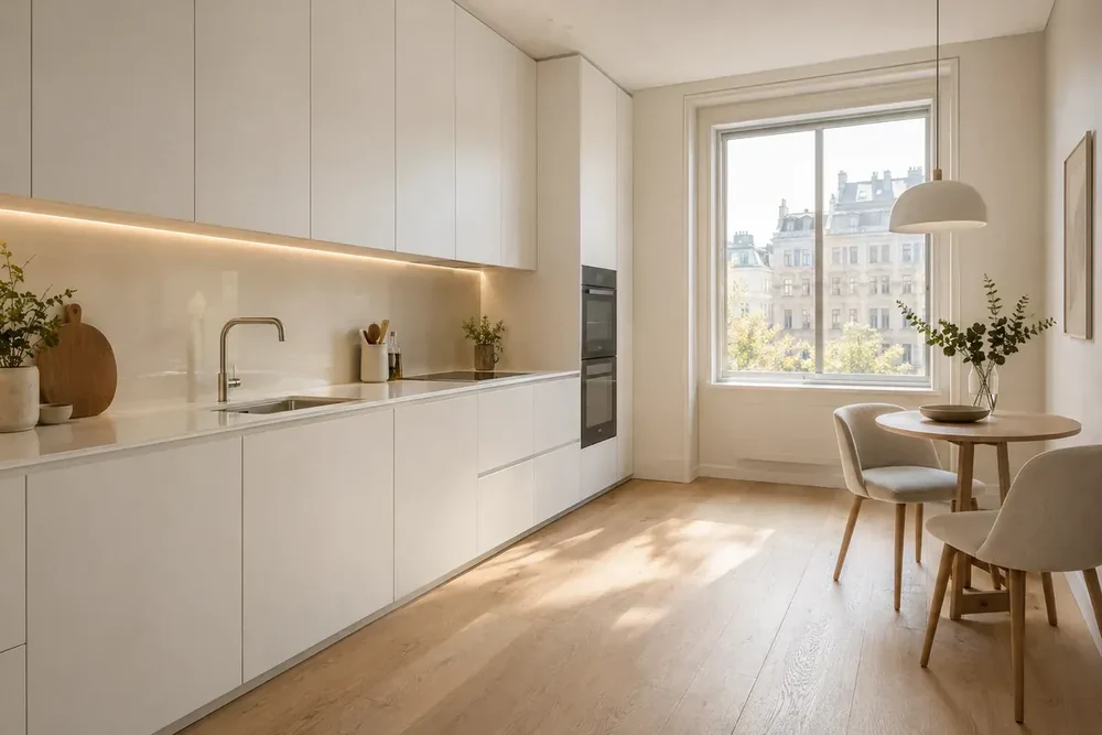 Witte greeploze keuken met een ledstrip onder de kastjes en een kleine eettafel bij het raam