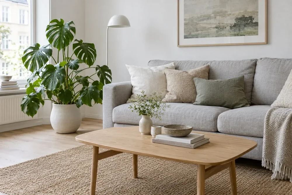 Scandinavische woonkamer met een lichtgrijze bank, een eiken salontafel, een jute vloerkleed en een monstera