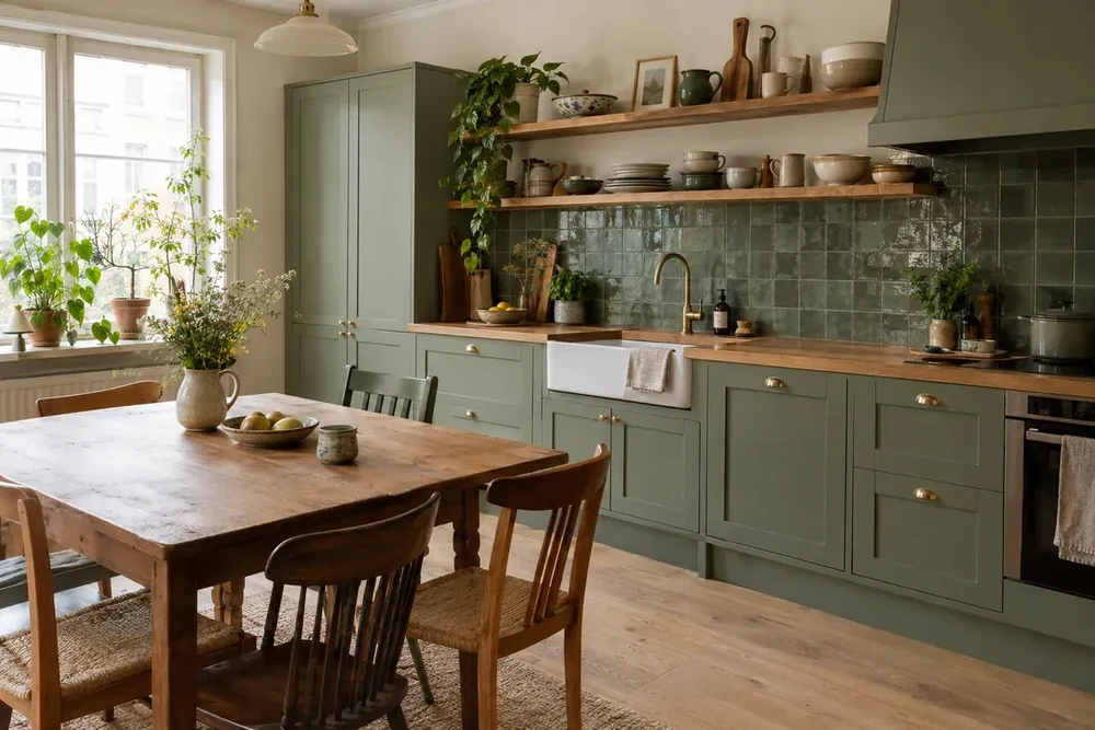 Keuken in saliegroen met een eiken werkblad, open planken en een houten eettafel