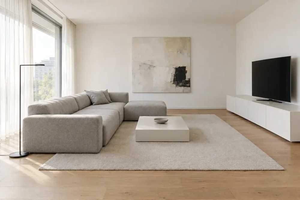 Minimalistisch interieur met een grijze modulaire bank, witte muren en een tv-meubel