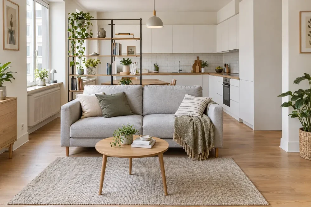 Zithoek met een open keuken achter een open kast, een lichtgrijze bank en een ronde salontafel