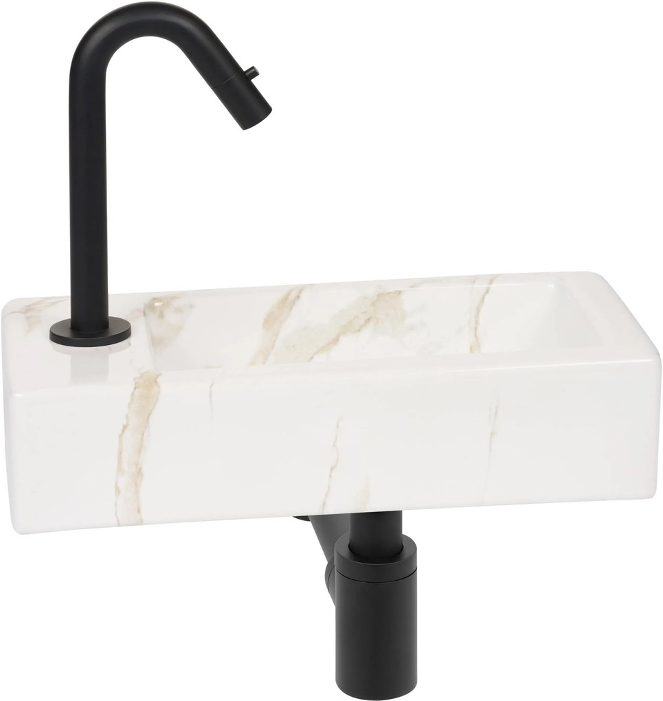 Saqu Basin fonteinset met mat zwarte kraan links marmerlook