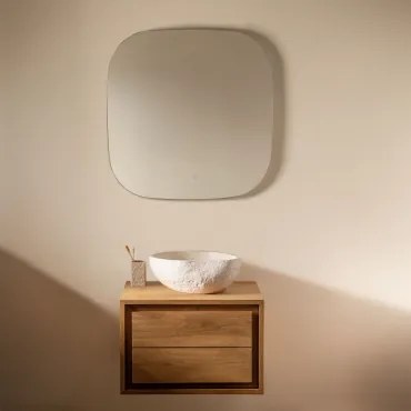 Jabari Zwevend Badkamermeubelset Van Teakhout Teakhout & Onregelmatige In Wit Cement ↔︎40 Cm Fedro & Vierkant Led En Anticondens - Sklum