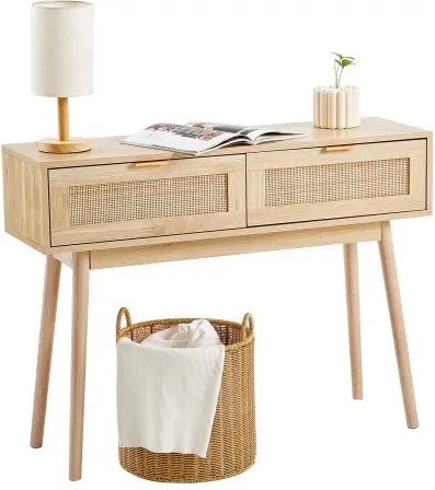 VEVOR rotan consoletafel met 2 lades, rotan haltafel met natuurlijke rotan schuifdeur, consoletafel voor woonkamer, studeerkamer, hal of tv-wand, natuurlijk