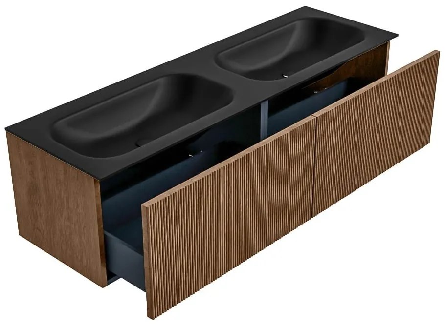 Mondiaz Kurve 150cm badmeubel walnut met 2 lades en wastafel big small dubbel 2 kraangaten urban