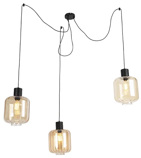 Design hanglamp zwart met amber glas 3-lichts 226 cm - Qara