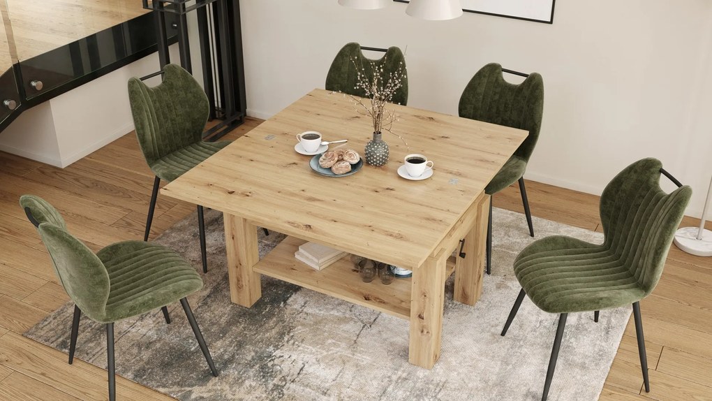 BRAVO artisan eiken – uitschuifbare en in hoogte verstelbare salontafel, tafel met plank