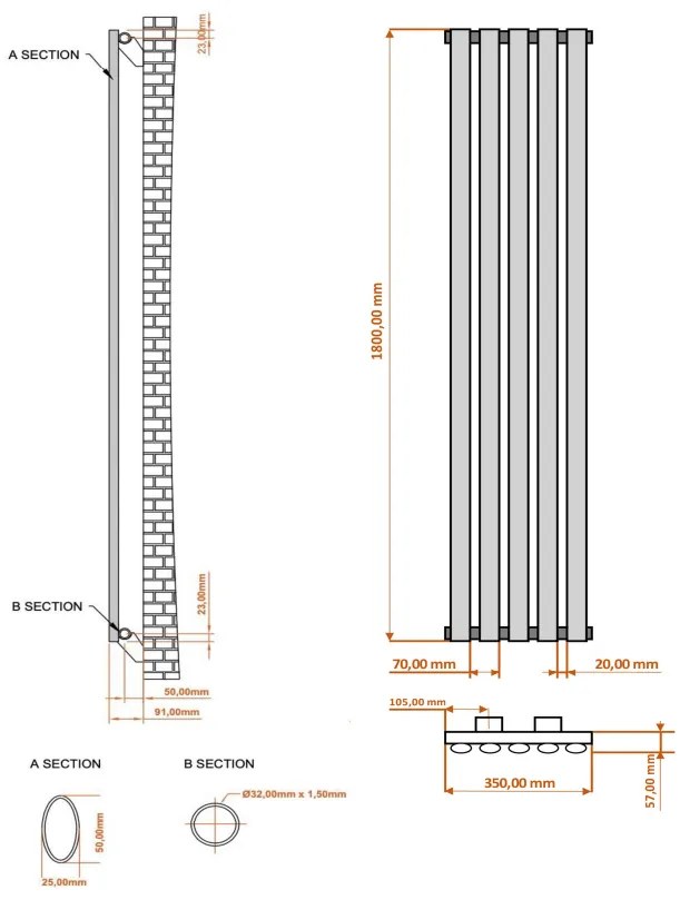 Eastbrook Tunstall radiator 35x180cm 423W chroom