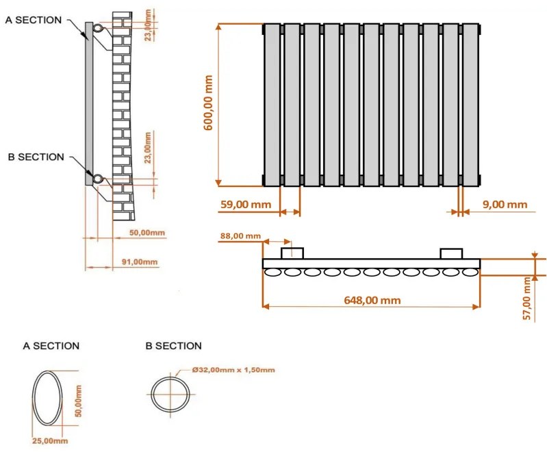 Eastbrook Tunstall radiator 65x60cm 565W antraciet