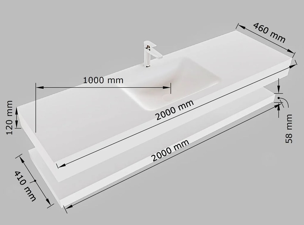 Mondiaz Alan DLux planchet 200cm met wastafel midden 1 kraangat frappe