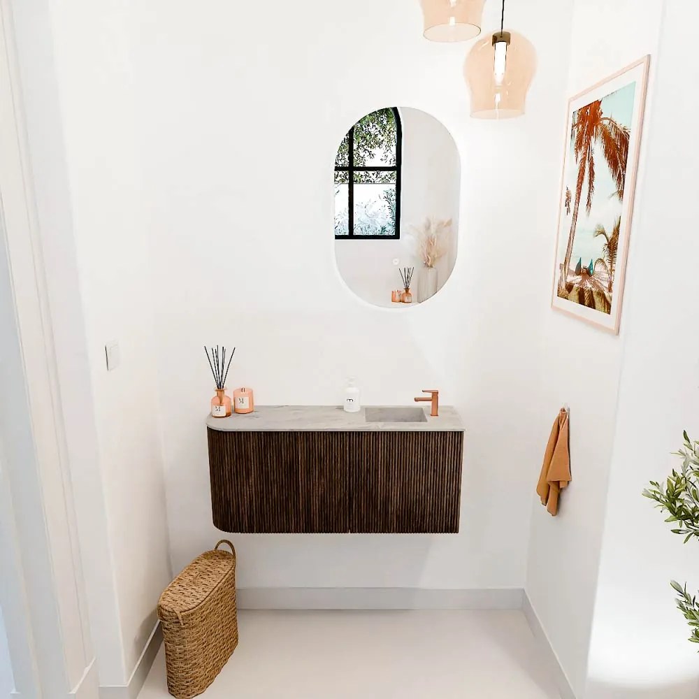 Mondiaz Joya DLux 90cm toiletmeubel ronding links walnut met wastafel faye rechts 1 kraangat glace