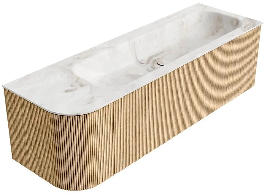 Mondiaz Kurve-dlux 145cm badmeubel ronding links oak met 1 lade en deur en wastafel big large kraangat rechts frappe