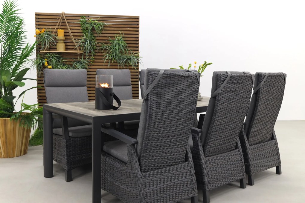 Darwin/Kings 6-persoons wicker verstelbare tuinset 220x100 cm. - Antraciet/Houtlook