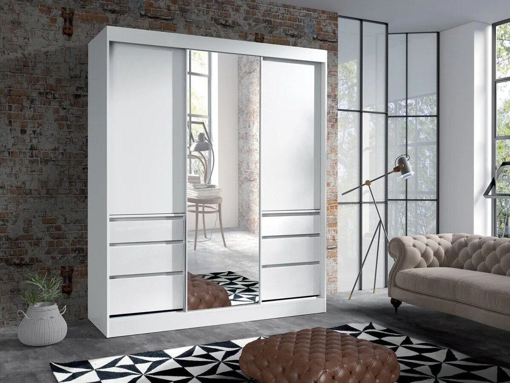 Kledingkast Toledo 120, Wit, 216x180x65cm, Kledingkast deuren: Schuivend, Aantal planken: 6, Aantal planken: 6