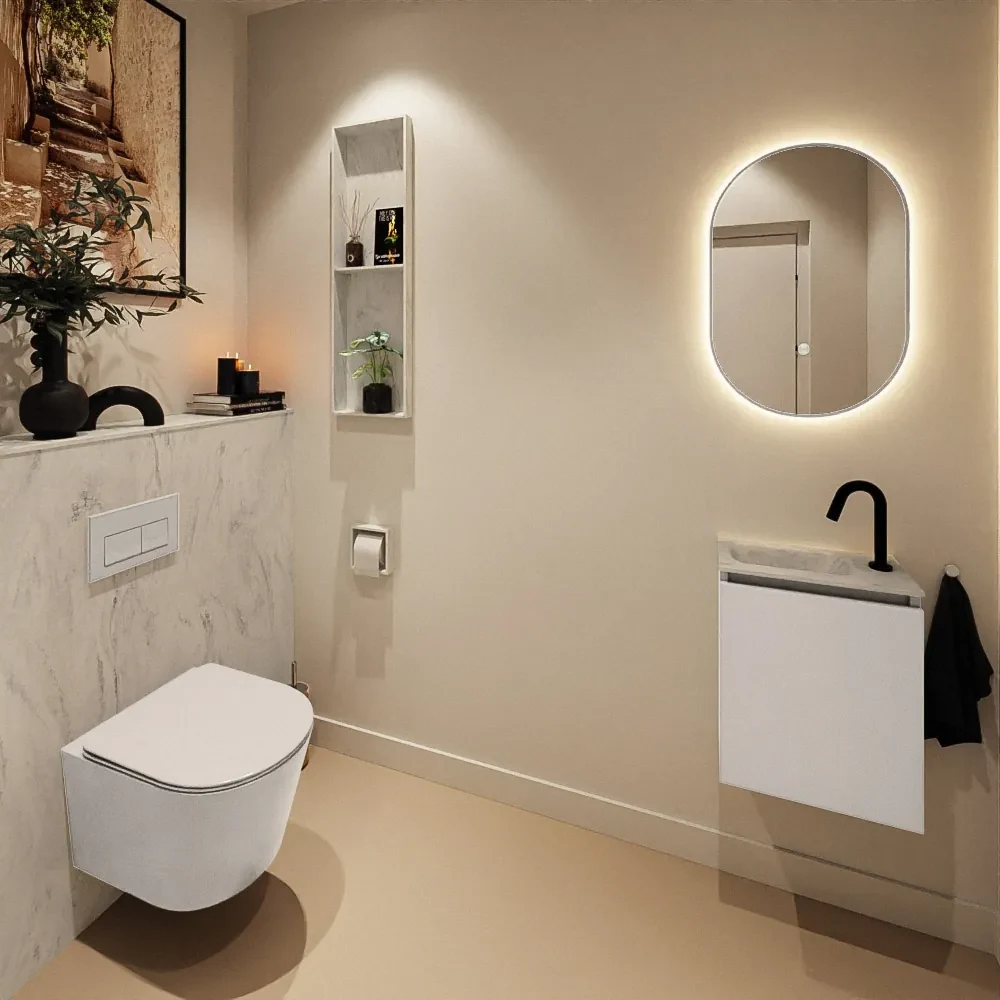 Mondiaz Ture DLux toiletmeubel 40cm linen met wastafel opalo links met kraangat