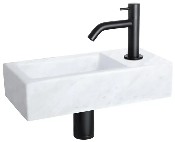 Differnz Helios fonteinset - 37.5x18.5x9.5cm - Rechthoek - 1 kraangat - Gebogen matte zwarte kraan - Mineraalsteen Marmer 38.401.32