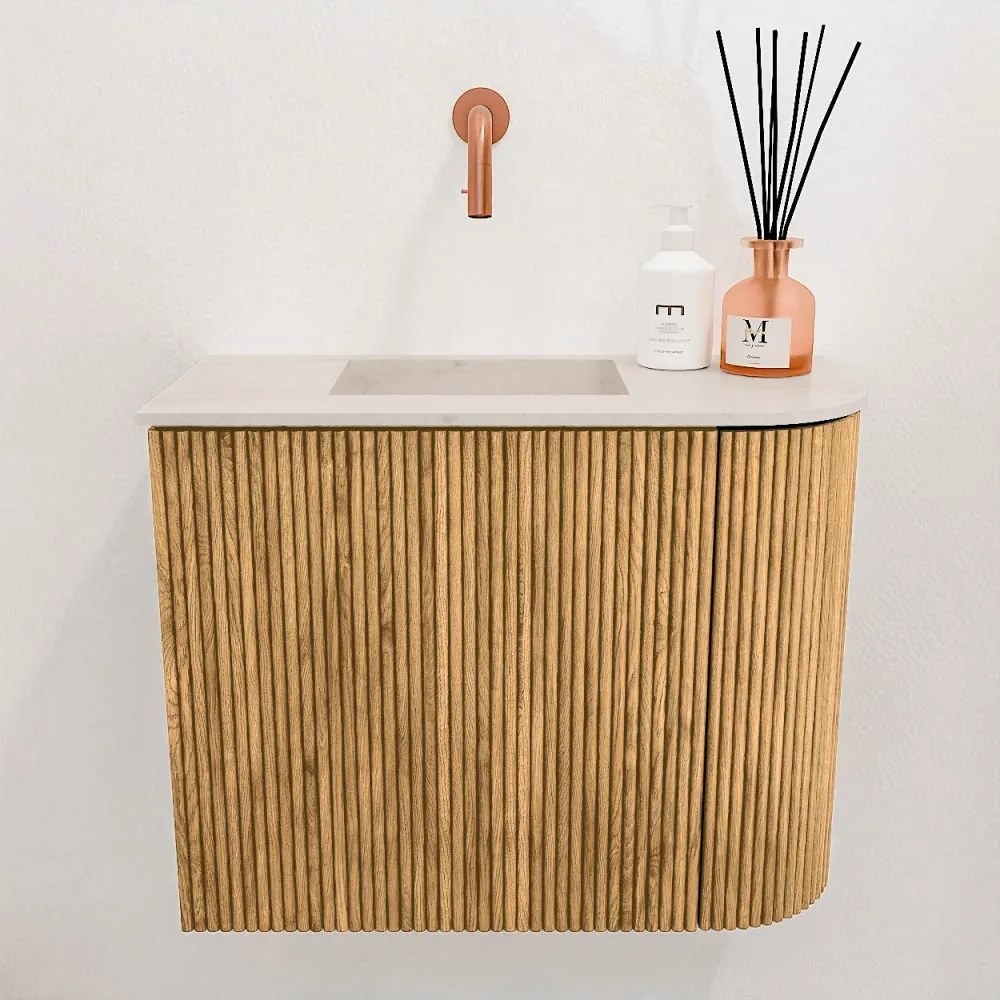 Mondiaz Joya DLux 50cm toiletmeubel ronding rechts oak met wastafel faye links zonder kraangat meli