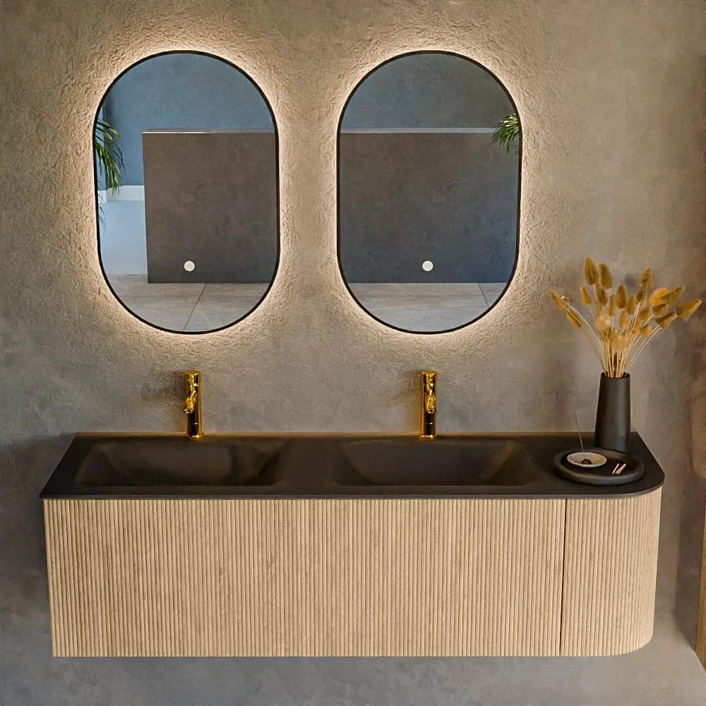 Mondiaz Kurve 145cm badmeubel ronding rechts oak met 1 lade en deur en wastafel cloud dubbel/links 2 kraangaten urban