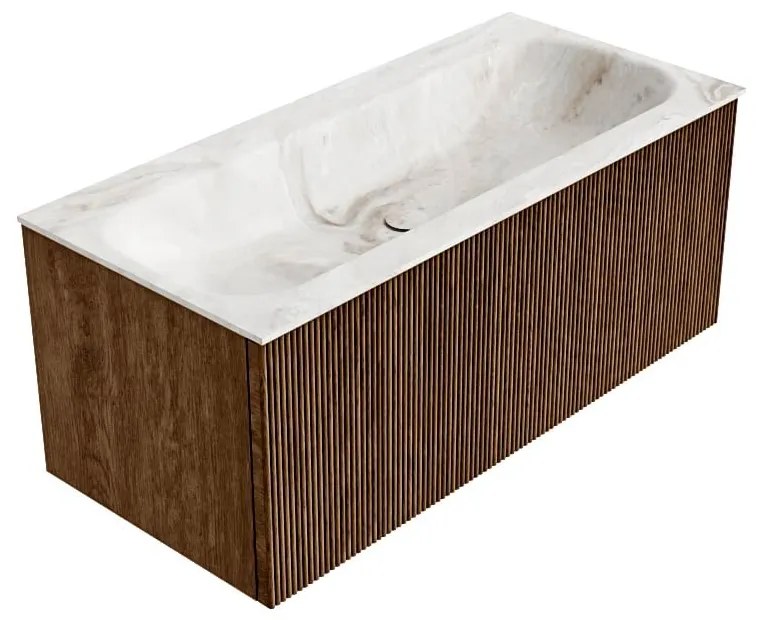 Mondiaz Kurve-dlux 100cm badmeubel walnut met 1 lade en wastafel big medium midden zonder kraangat frappe