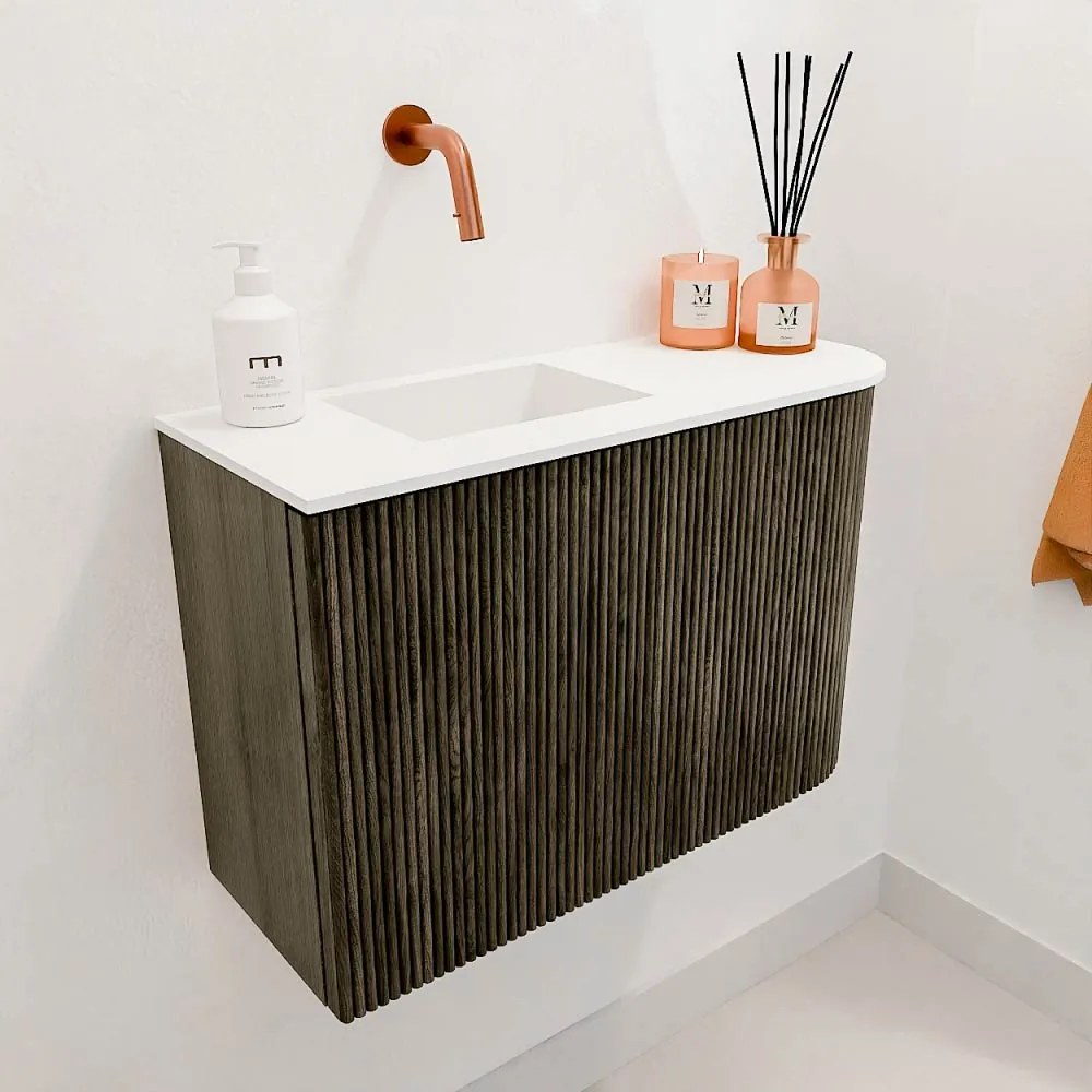 Mondiaz Joya 60cm toiletmeubel ronding rechts shadow met wastafel faye links zonder kraangat talc