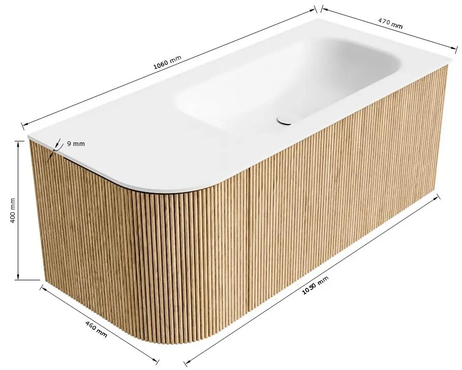 Mondiaz Kurve 105cm badmeubel ronding links oak met 1 lade en deur en wastafel big small rechts zonder kraangat urban