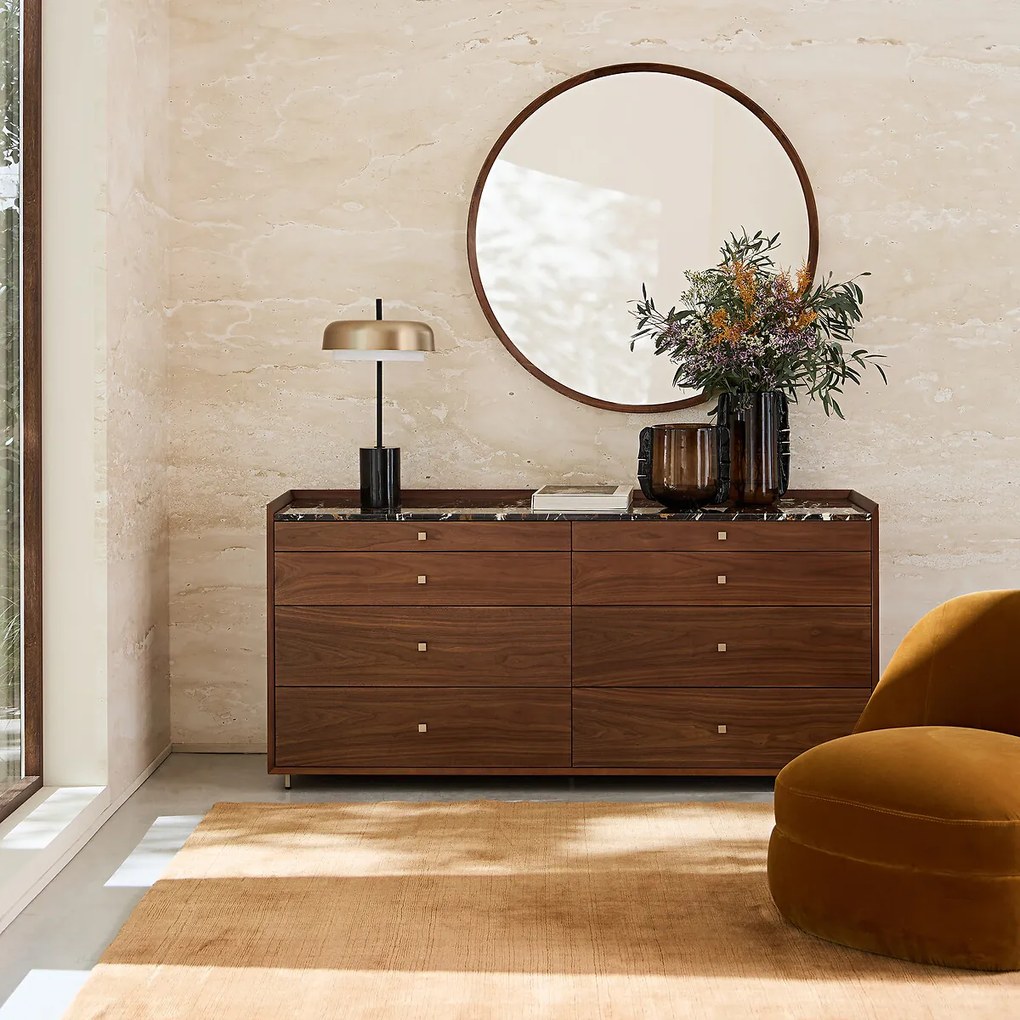 Ladekast met 6 laden, walnootfineer en amberkleurig marmer, Noham