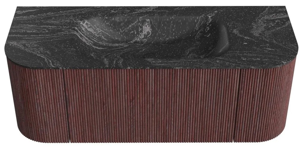 Mondiaz Kurve-dlux 120cm badmeubel ronding links/rechts ruby met 1 lade en 2 deuren en wastafel big small midden zonder kraangat lava