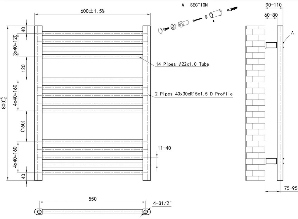 Eastbrook Wendover handdoekradiator 60x80cm 457W zwart mat