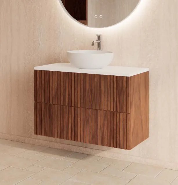 Gliss Design Hybris badkamermeubel met ribbelfront en wit glans toppaneel 80cm walnut