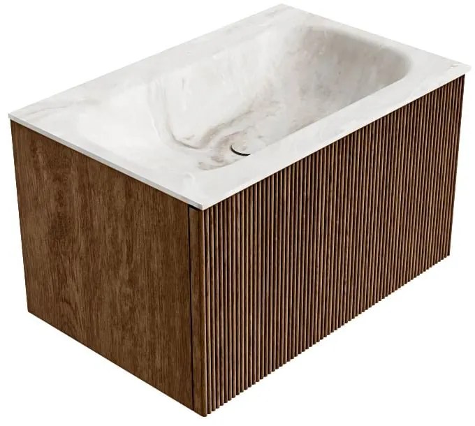 Mondiaz Kurve-dlux 70cm badmeubel walnut met 1 lade en wastafel big small midden zonder kraangat frappe