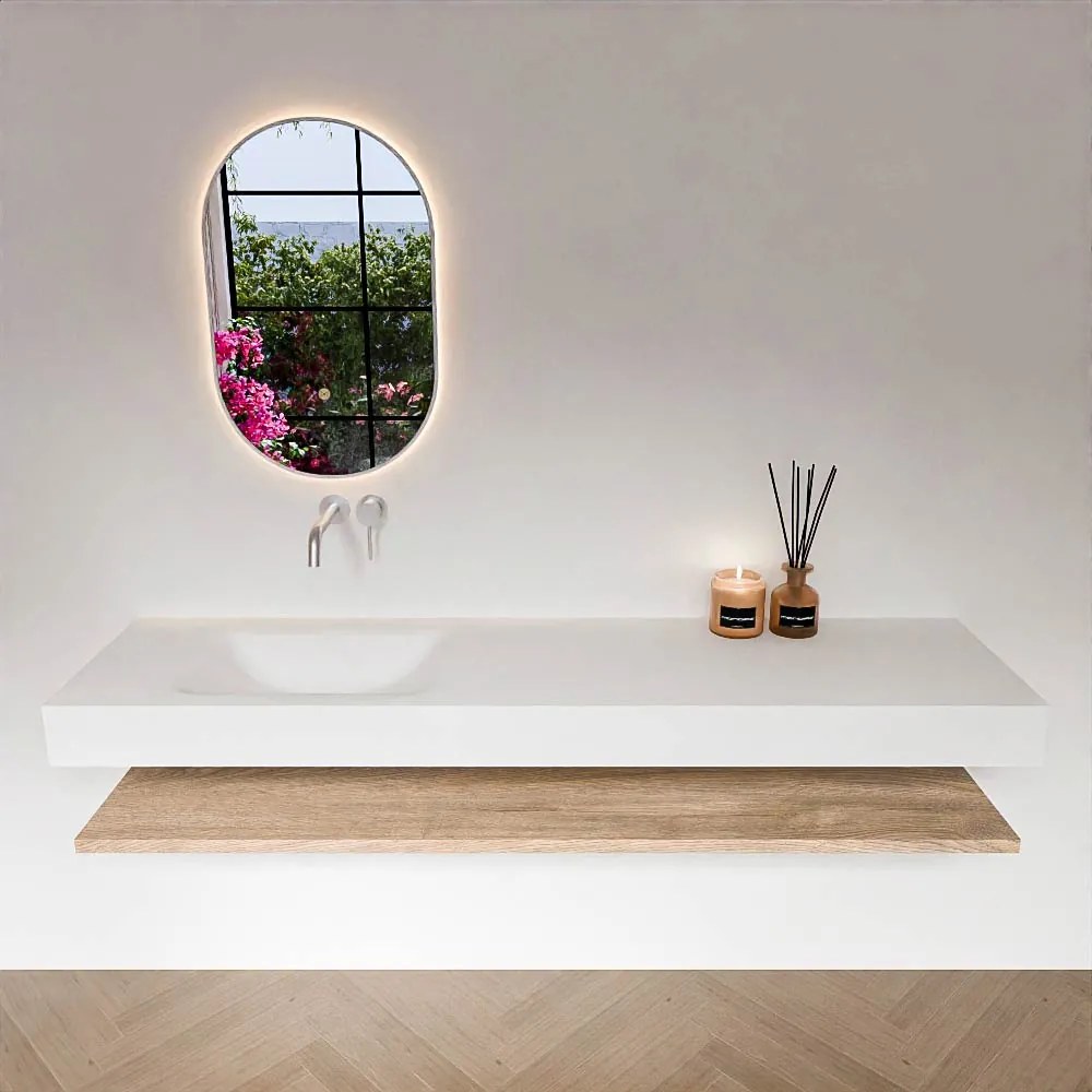 Zaro Alan badmeubel 180cm met planchet washed oak en vrijhangende wastafel cloud links zonder kraangat talc