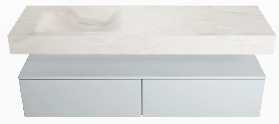 Mondiaz Alan DLux badmeubel 150cm clay 2 lades met wastafel ostra links 1 kraangat