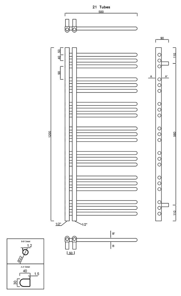 Sapho Dorlion handdoekradiator zwart mat 50x120cm 492W