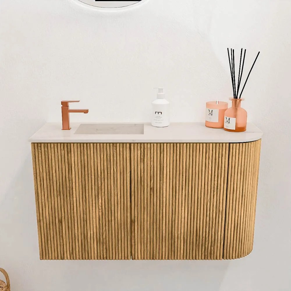 Mondiaz Joya DLux 70cm toiletmeubel ronding rechts oak met wastafel faye links 1 kraangat meli