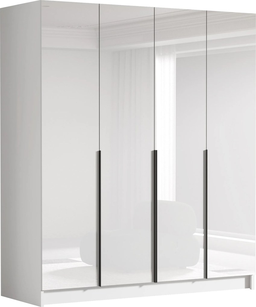 Kledingkast Atlanta 176, Zwart, Wit, Glanzend wit, 215x200x58cm, 164.5 kg, Kledingkast deuren: Met scharnieren