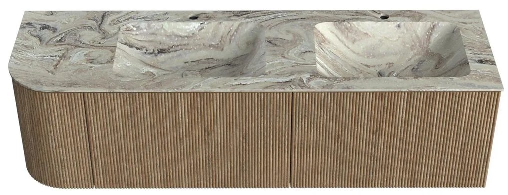 Mondiaz Kurve-dlux 155cm badmeubel ronding links dusk met 2 lades en 1 deur en wastafel leaf dubbel/rechts 2 kraangaten glace