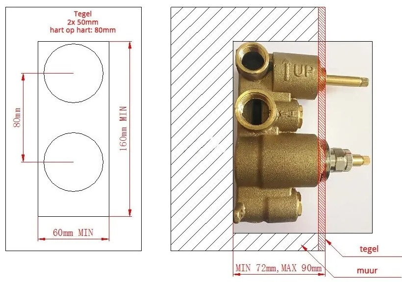 Saniclear Brass Pro inbouw badkraan met vrijstaande uitloop geborsteld messing - mat goud