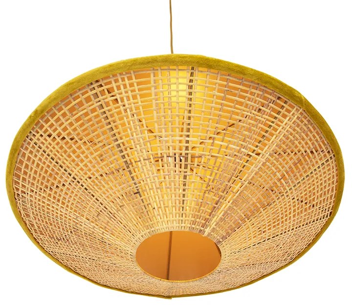 Landelijke hanglamp geel velours met rotan 60cm - Frills Can