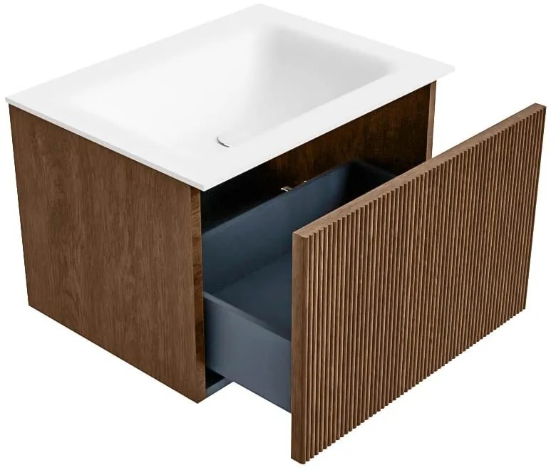Mondiaz Kurve 60cm badmeubel walnut met 1 lade en wastafel cloud midden 1 kraangat