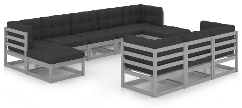 vidaXL 10-delige Loungeset met kussens massief grenenhout grijs