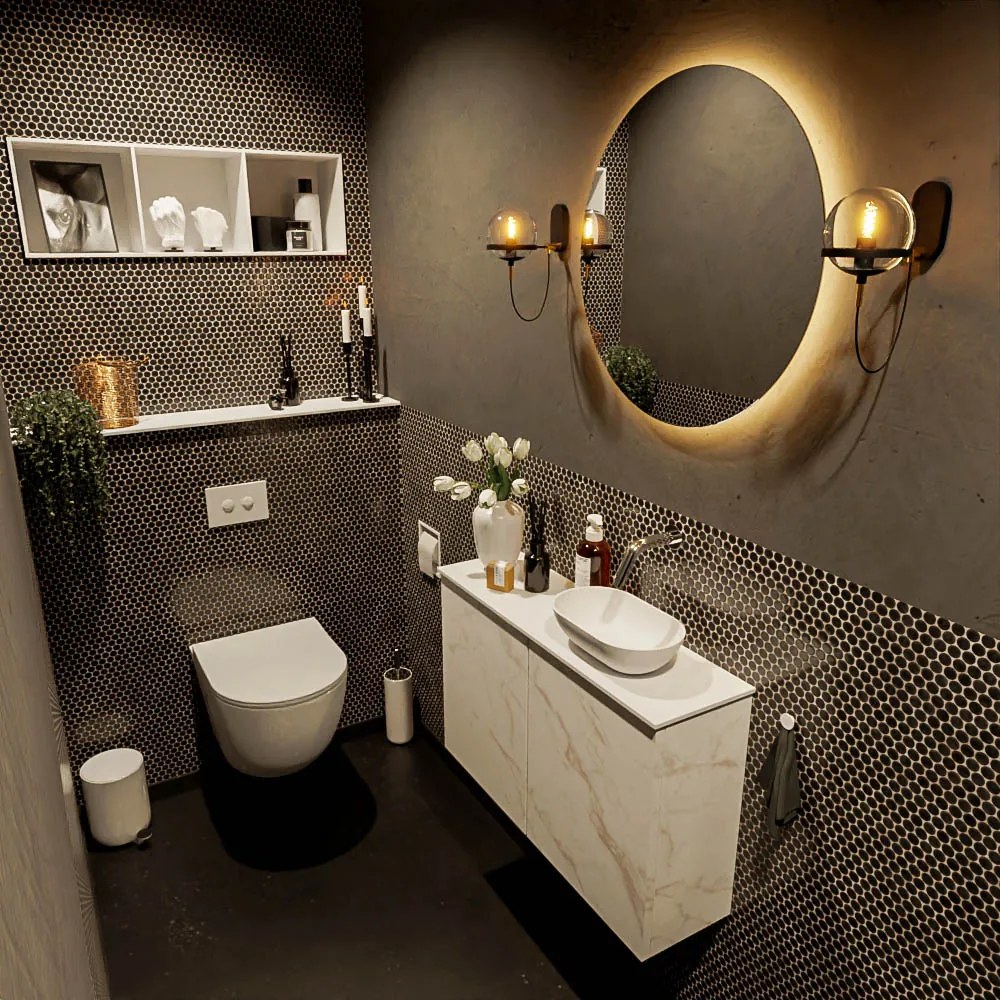Mondiaz Fowy toiletmeubel 80cm Carrara met witte waskom rechts zonder kraangat