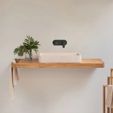 Conjunto Van Meubel 130x45 Cm Hangend In Teakhout Neill Teakhout & Rechthoekig Wit Cement 60x30 Cm Ronald & Spiegelloze & Zwart Ingebed Met - Sklum