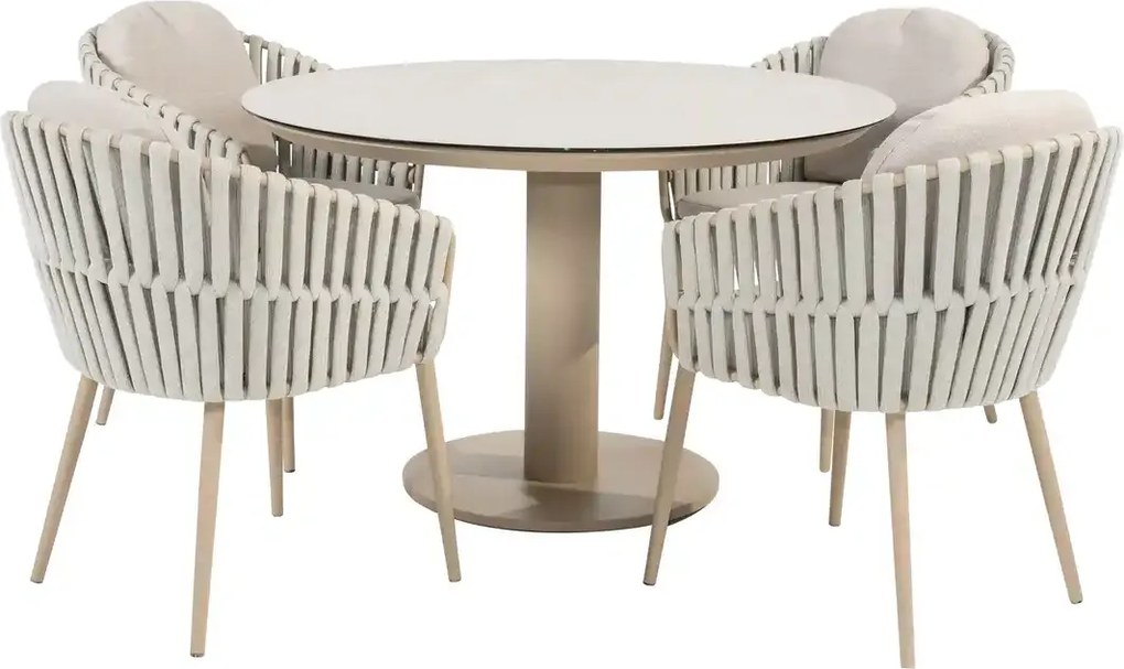 Taste by 4 Seasons Eva tuinset latte met Sarah tafel met geprint keramisch tafelblad Ø 120 cm SALE Tuinset beige weerbestendig