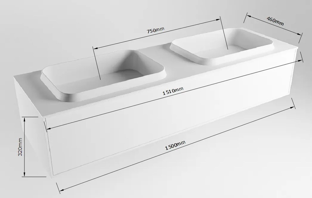 Mondiaz Erin 150cm badmeubel Carrara met 1 lade en donkergrijze wastafel dubbel 2 kraangaten