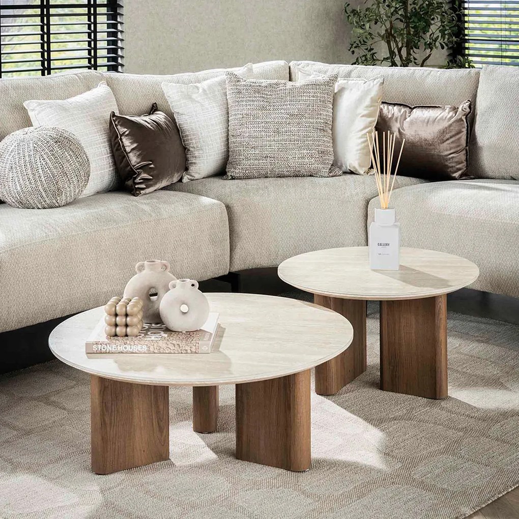 Salontafelset Rond Hout En Travertin
